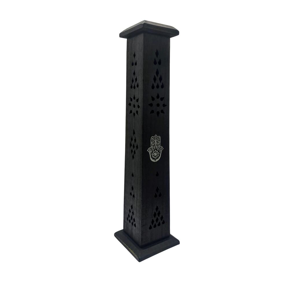 Hand Carved Black Wood Incense Tower Hamsa Hand Inlay for 11" Sticks & Cones
